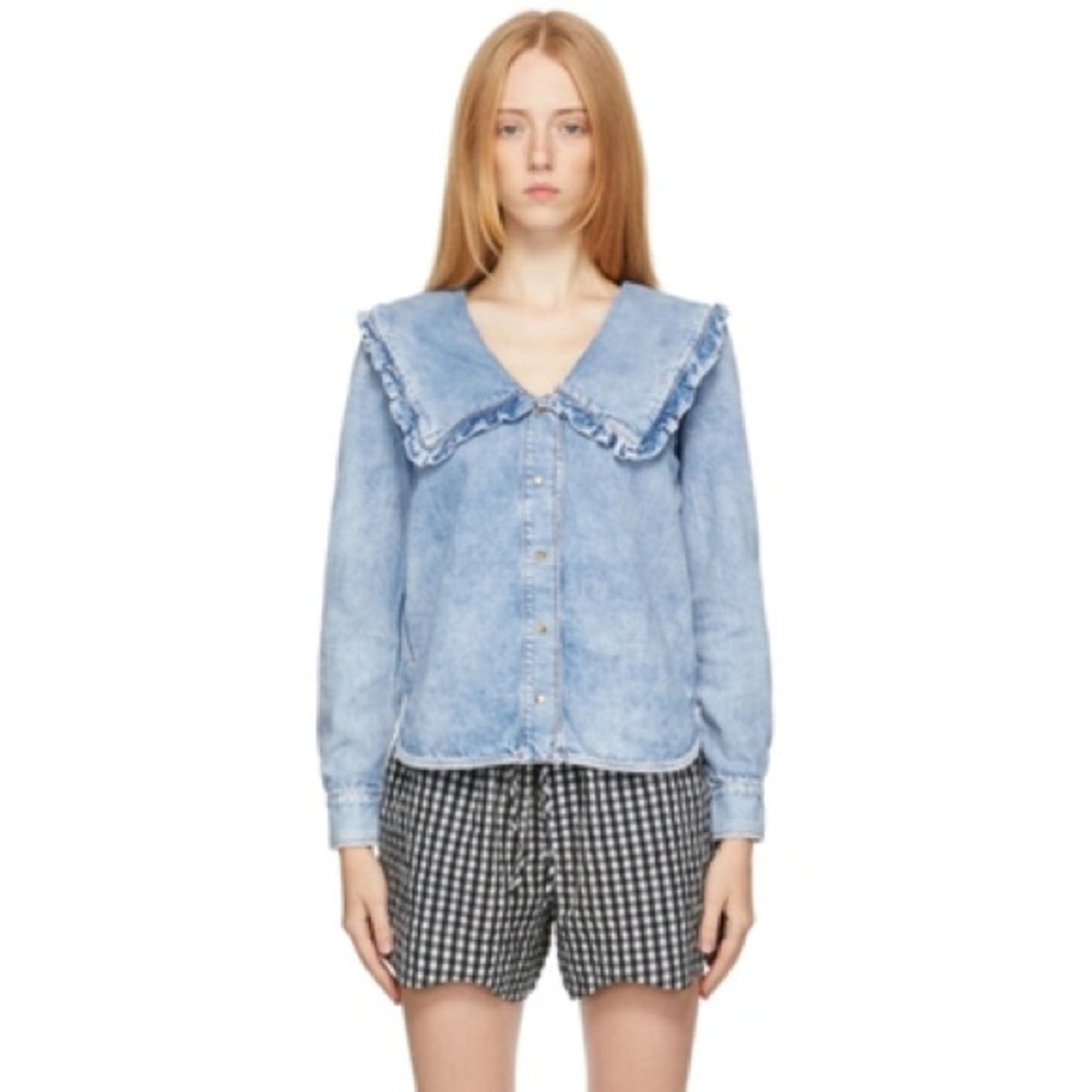 Ganni Peter Pan Collared Ruffle Denim Shirt Indigo Blue 34/XS
